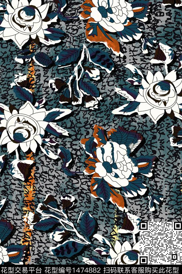 抽象花卉花卉大牌风数码印花华亿平台下载（图片编号: 1474882） - 瓦栏（Walan）