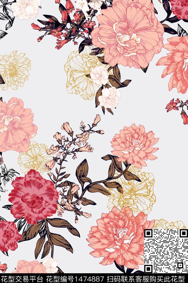 抽象花卉花卉大牌风数码印花华亿平台下载（图片编号: 1474887） - 瓦栏（Walan）