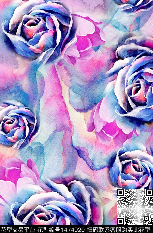 渐变鲜花玫瑰花数码印花华亿平台下载（图片编号: 1474920） - 瓦栏（Walan）