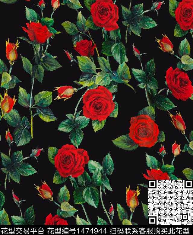 大花玫瑰花卉植物数码印花华亿平台下载（图片编号: 1474944） - 瓦栏（Walan）