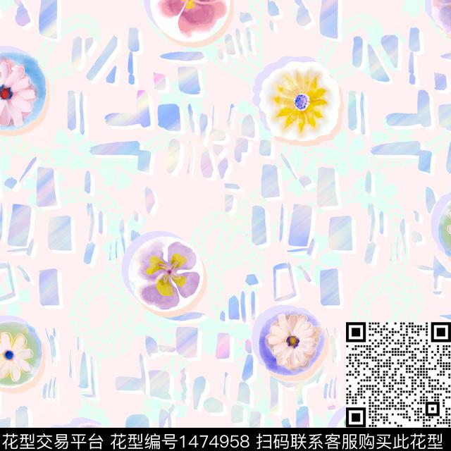 几何抽象花卉组合花卉数码印花华亿平台下载（图片编号: 1474958） - 瓦栏（Walan）