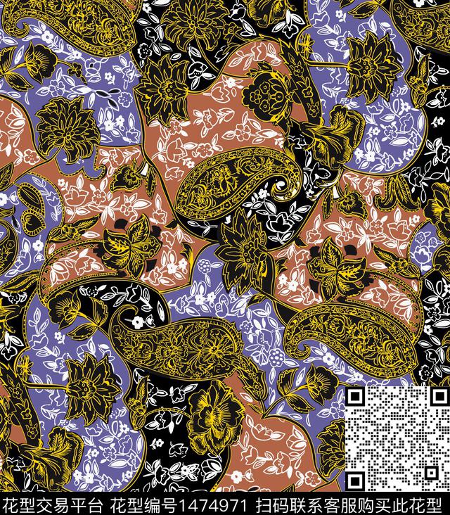 线条画佩斯利民族风传统印花华亿平台下载（图片编号: 1474971） - 瓦栏（Walan）