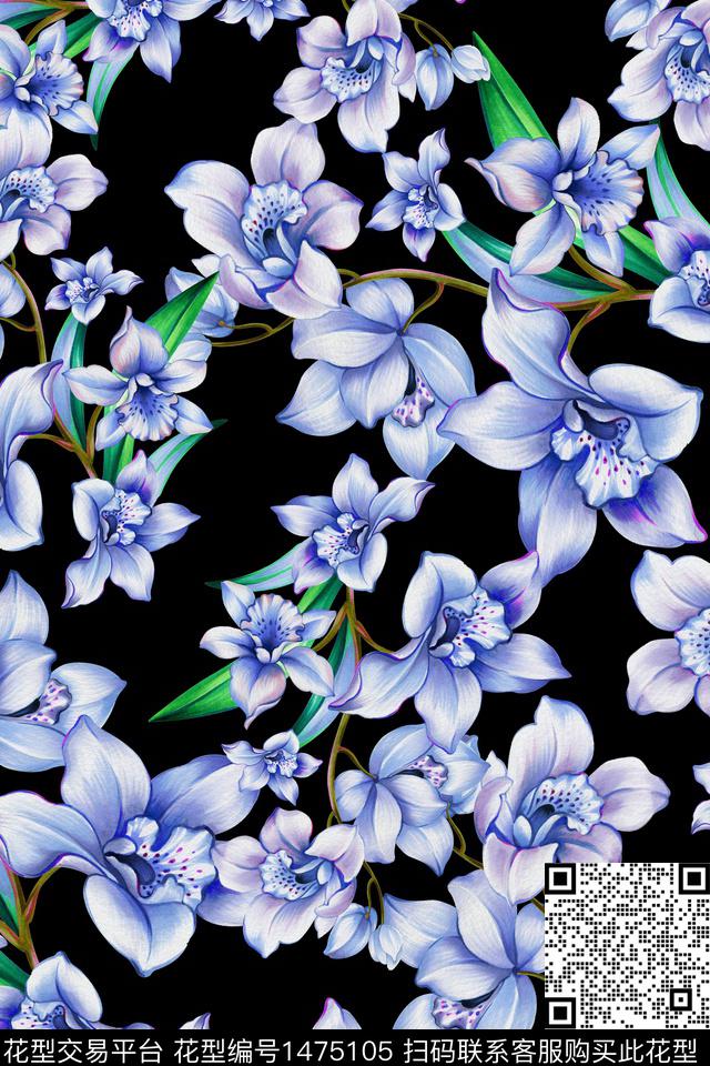 黑底花卉花卉大牌风数码印花华亿平台下载（图片编号: 1475105） - 瓦栏（Walan）