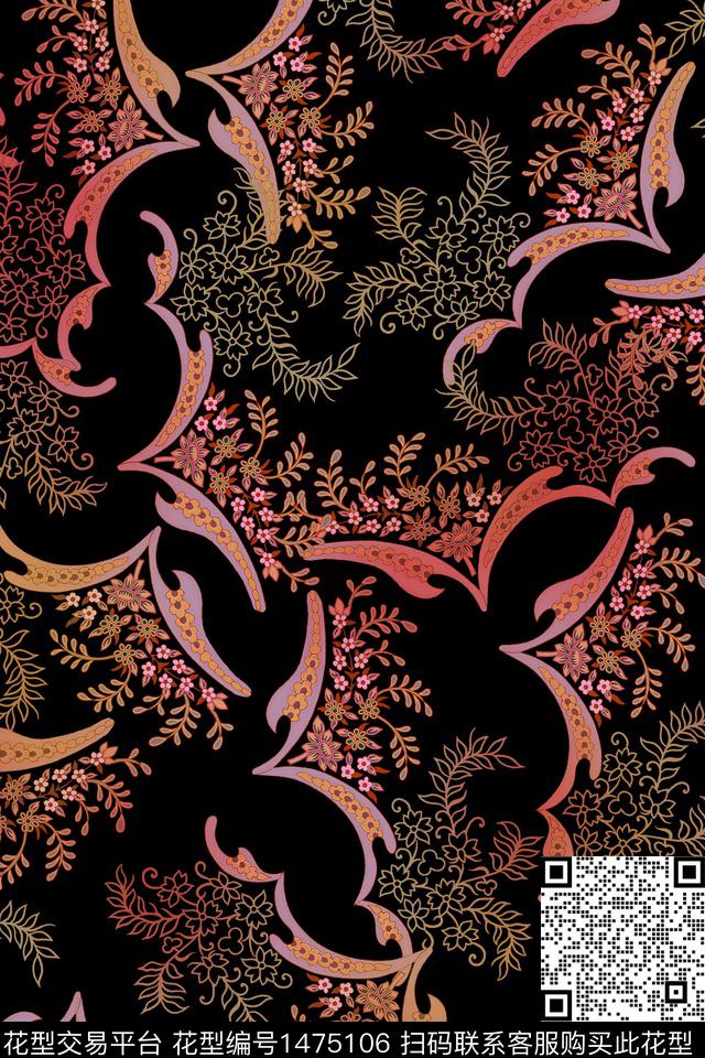 黑底花卉佩斯利民族风数码印花华亿平台下载（图片编号: 1475106） - 瓦栏（Walan）