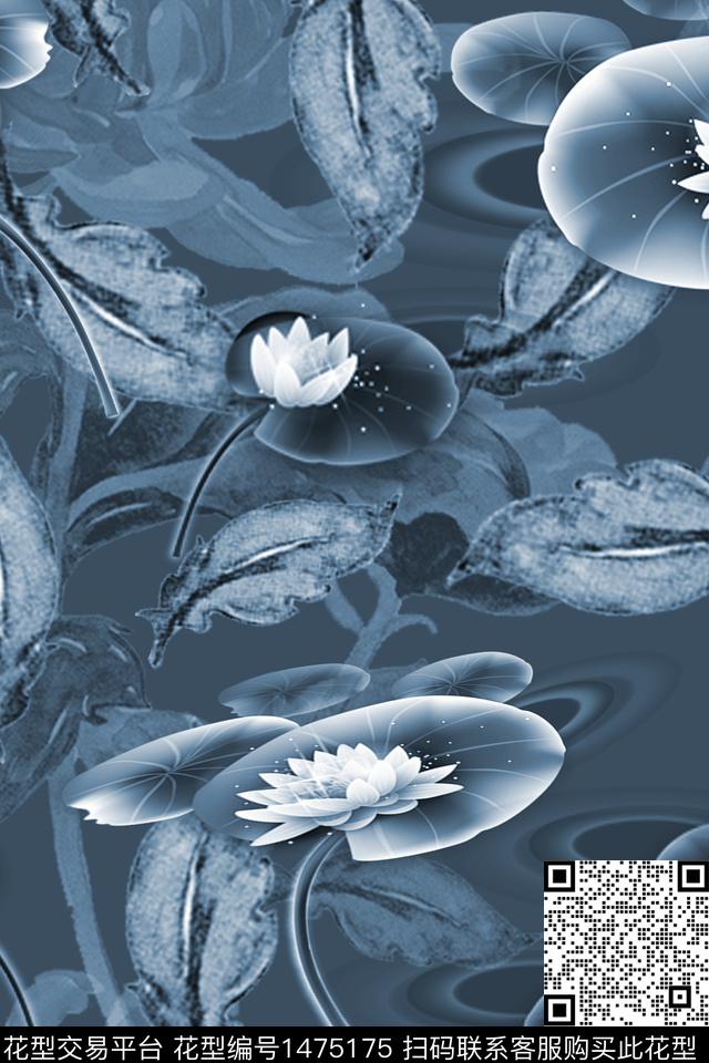 荷花花卉波浪纹数码印花华亿平台下载（图片编号: 1475175） - 瓦栏（Walan）