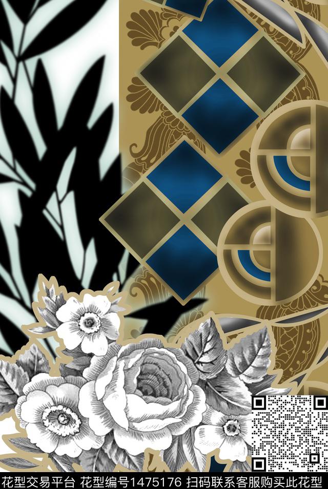 几何花卉牡丹数码印花华亿平台下载（图片编号: 1475176） - 瓦栏（Walan）