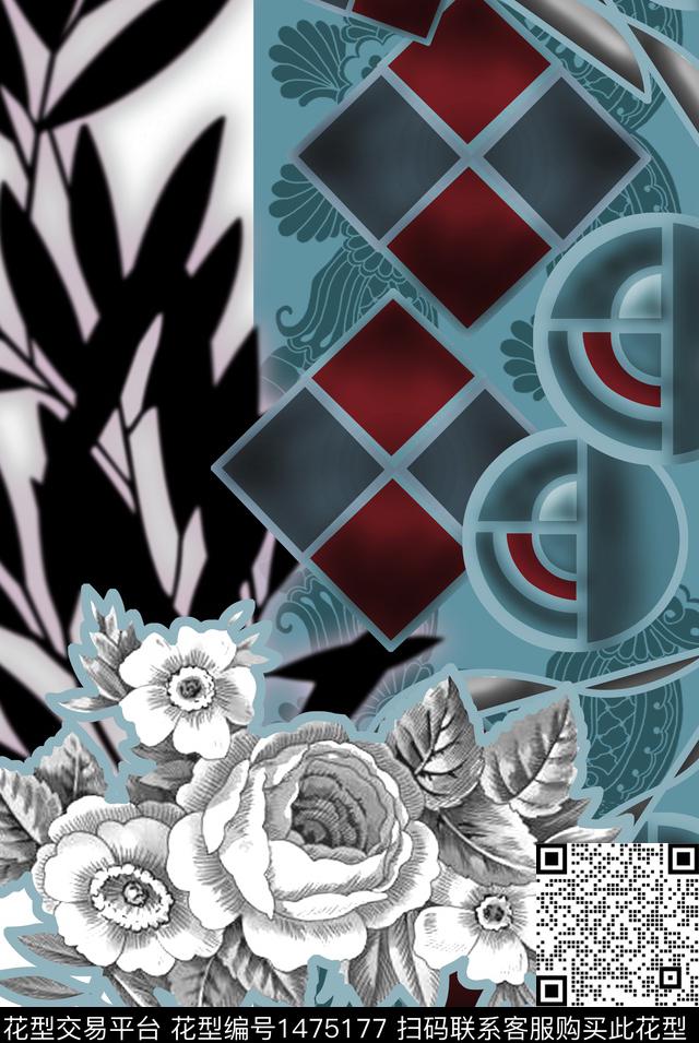几何花卉牡丹数码印花华亿平台下载（图片编号: 1475177） - 瓦栏（Walan）