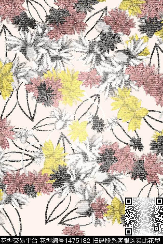 小野菊抽象花卉拼花数码印花华亿平台下载（图片编号: 1475182） - 瓦栏（Walan）