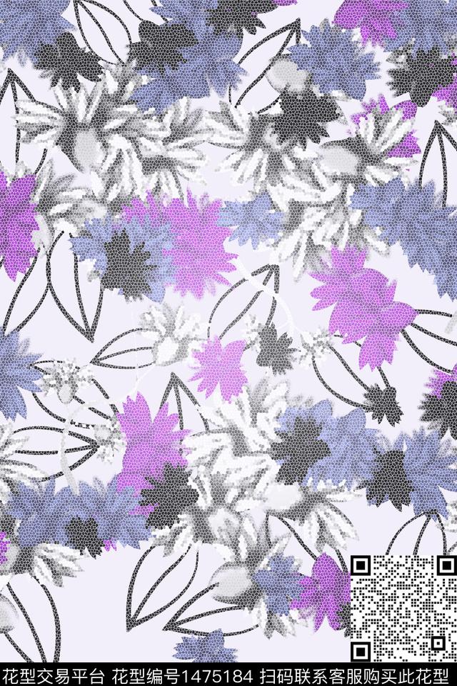 小野菊抽象花卉拼花数码印花华亿平台下载（图片编号: 1475184） - 瓦栏（Walan）