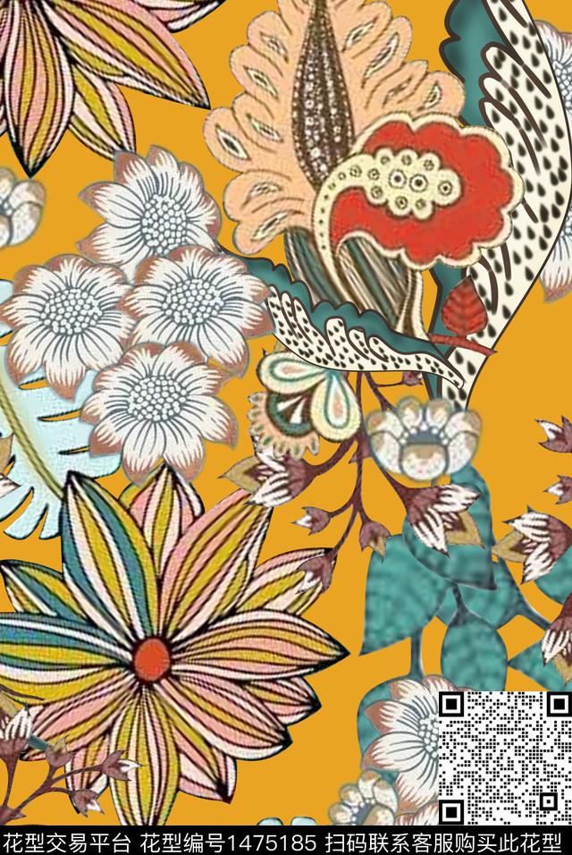 清爽底花卉民族风花卉数码印花华亿平台下载（图片编号: 1475185） - 瓦栏（Walan）