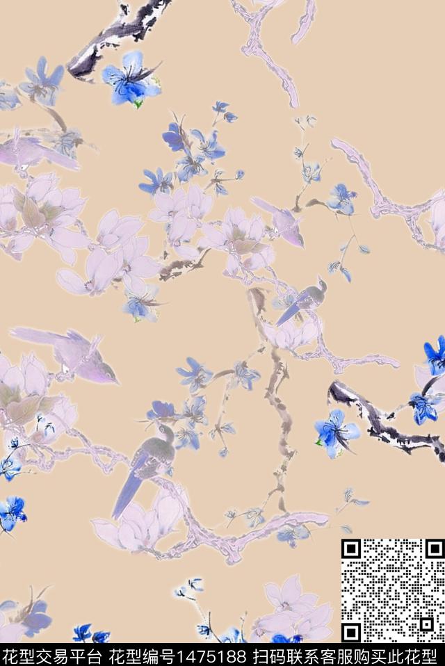 玉兰花鸟花卉数码印花华亿平台下载（图片编号: 1475188） - 瓦栏（Walan）