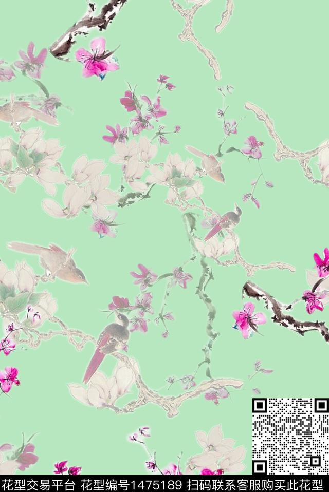 梅花玉兰花鸟数码印花华亿平台下载（图片编号: 1475189） - 瓦栏（Walan）