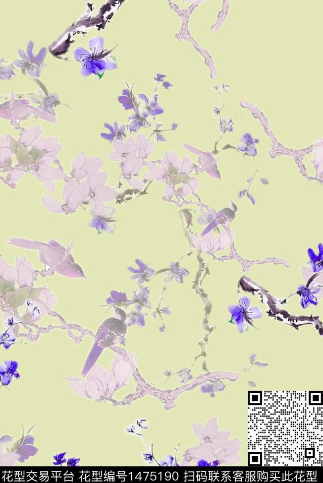 梅花玉兰花鸟数码印花华亿平台下载（图片编号: 1475190） - 瓦栏（Walan）