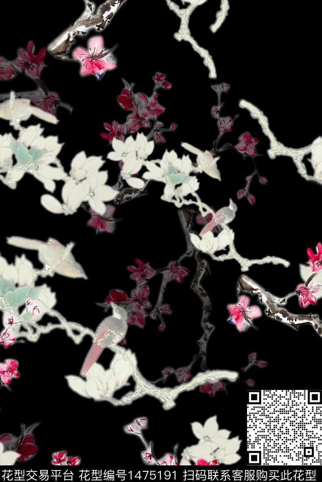 梅花玉兰花鸟数码印花华亿平台下载（图片编号: 1475191） - 瓦栏（Walan）