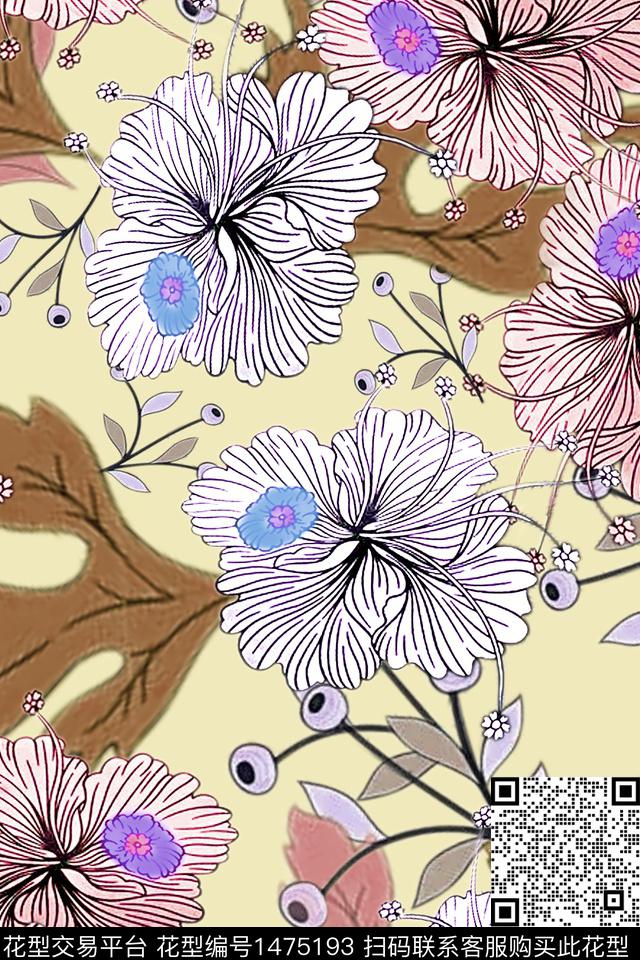 花卉抽象花卉棕榈树数码印花华亿平台下载（图片编号: 1475193） - 瓦栏（Walan）