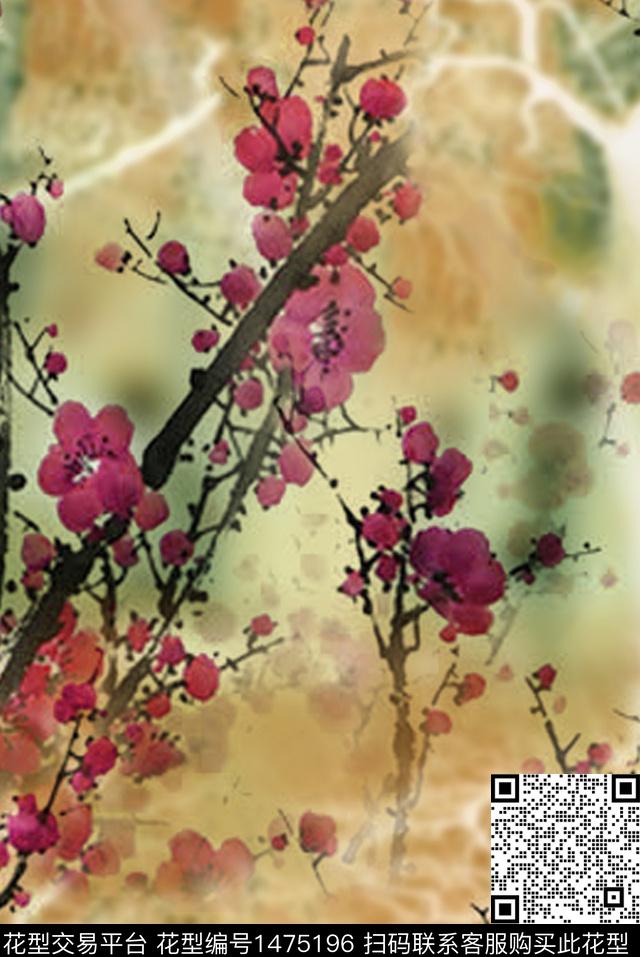 梅花花卉波浪纹数码印花华亿平台下载（图片编号: 1475196） - 瓦栏（Walan）