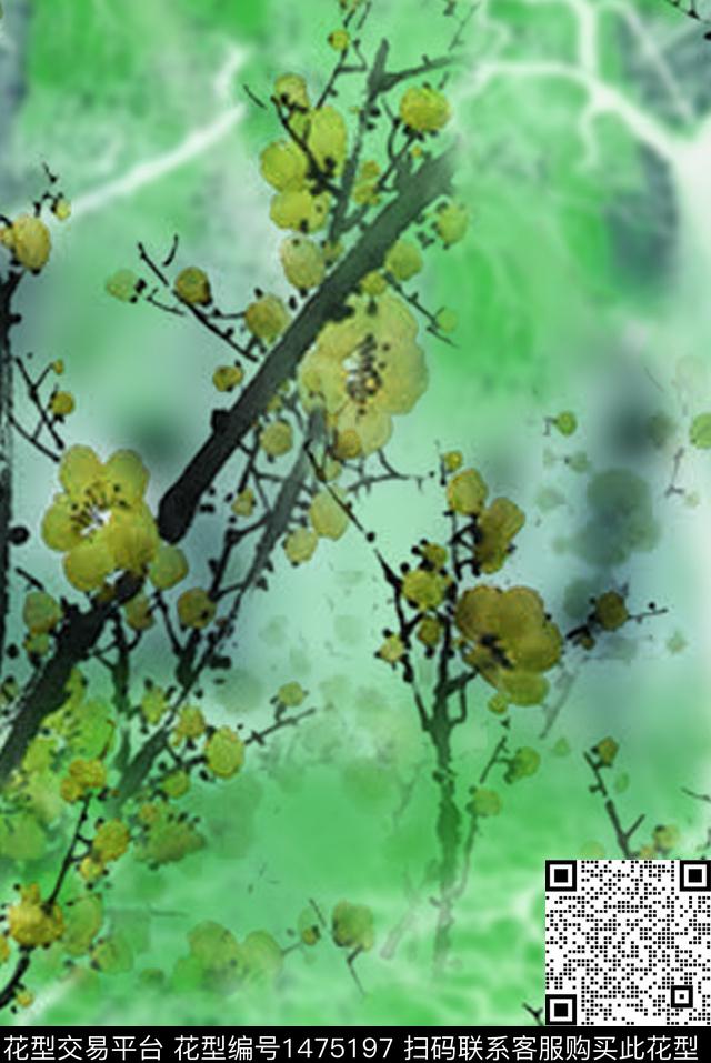 梅花花卉波浪纹数码印花华亿平台下载（图片编号: 1475197） - 瓦栏（Walan）