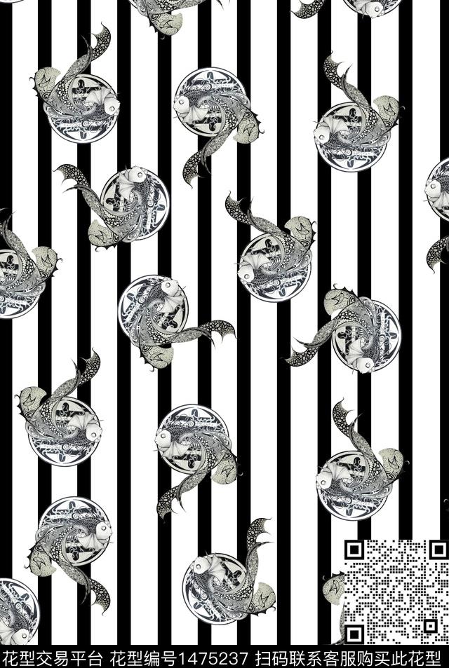 美人鱼线条黑白条纹数码印花华亿平台下载（图片编号: 1475237） - 瓦栏（Walan）