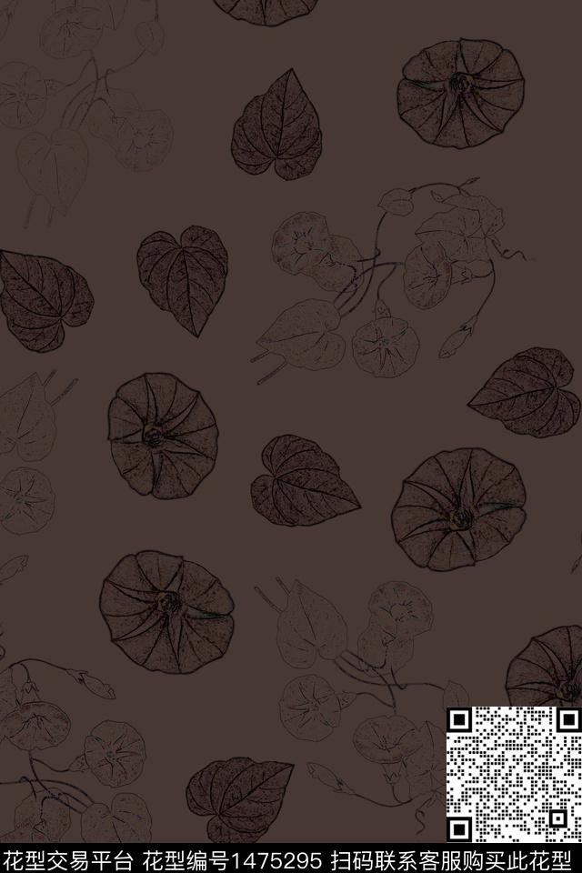 绿植树叶牵牛花暗色数码印花华亿平台下载（图片编号: 1475295） - 瓦栏（Walan）