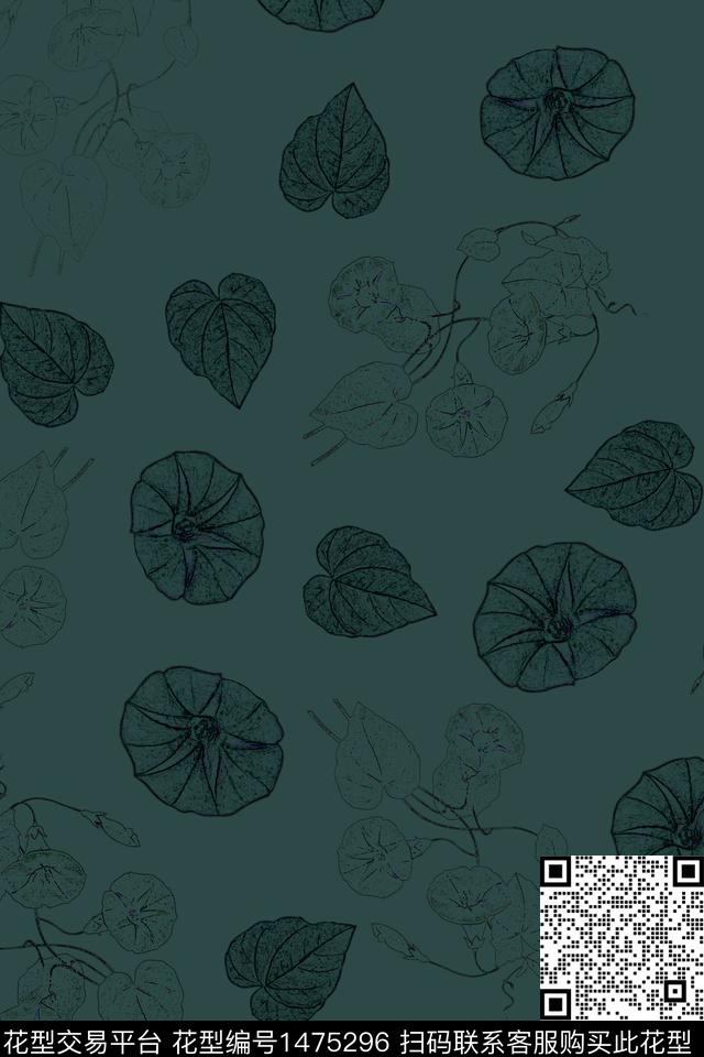 绿植树叶牵牛花暗色数码印花华亿平台下载（图片编号: 1475296） - 瓦栏（Walan）