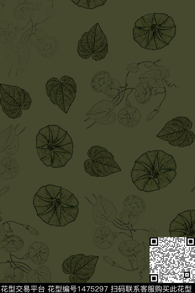 绿植树叶牵牛花暗色数码印花华亿平台下载（图片编号: 1475297） - 瓦栏（Walan）