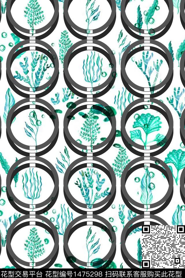 双色植物圆形数码印花华亿平台下载（图片编号: 1475298） - 瓦栏（Walan）