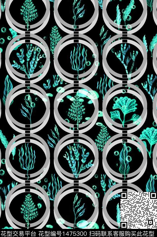 双色植物圆形数码印花华亿平台下载（图片编号: 1475300） - 瓦栏（Walan）