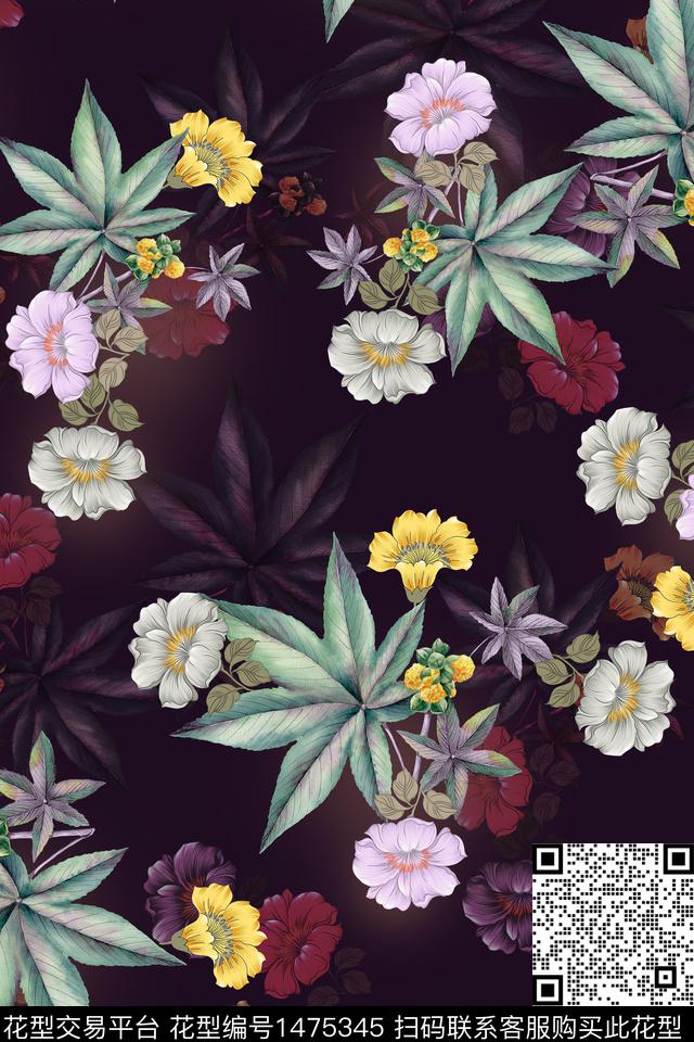 黑底花卉花卉香云纱数码印花华亿平台下载（图片编号: 1475345） - 瓦栏（Walan）