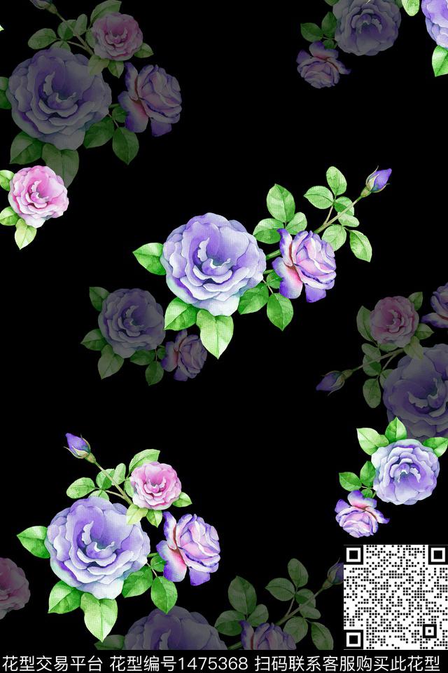 黑底花卉绿植树叶中东数码印花华亿平台下载（图片编号: 1475368） - 瓦栏（Walan）