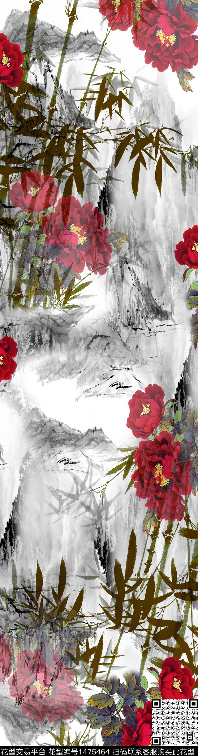 中长巾国风水墨牡丹数码印花华亿平台下载（图片编号: 1475464） - 瓦栏（Walan）