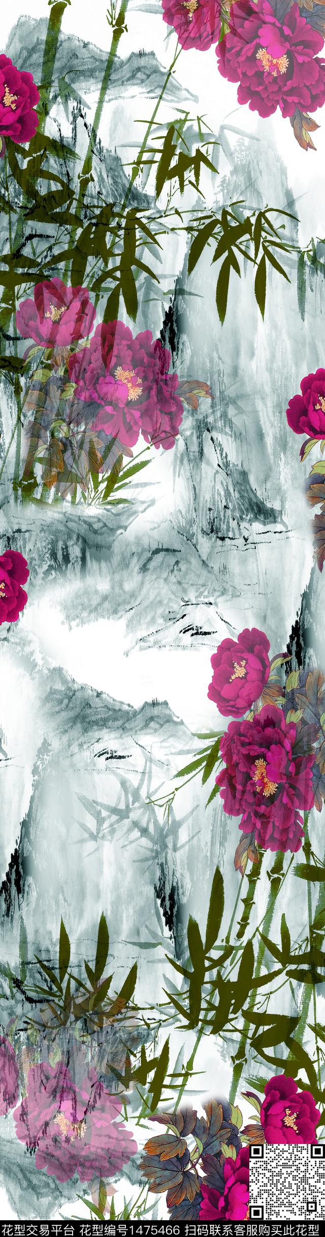 中长巾国风水墨牡丹数码印花华亿平台下载（图片编号: 1475466） - 瓦栏（Walan）