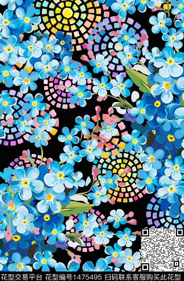几何清爽底花卉春夏华亿平台数码印花华亿平台下载（图片编号: 1475495） - 瓦栏（Walan）