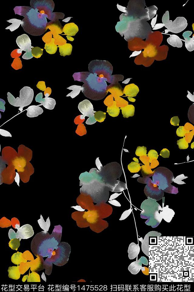 黑底花卉花卉香云纱数码印花华亿平台下载（图片编号: 1475528） - 瓦栏（Walan）