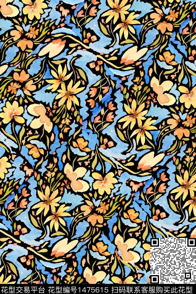水彩女装花卉数码印花华亿平台下载（图片编号: 1475615） - 瓦栏（Walan）