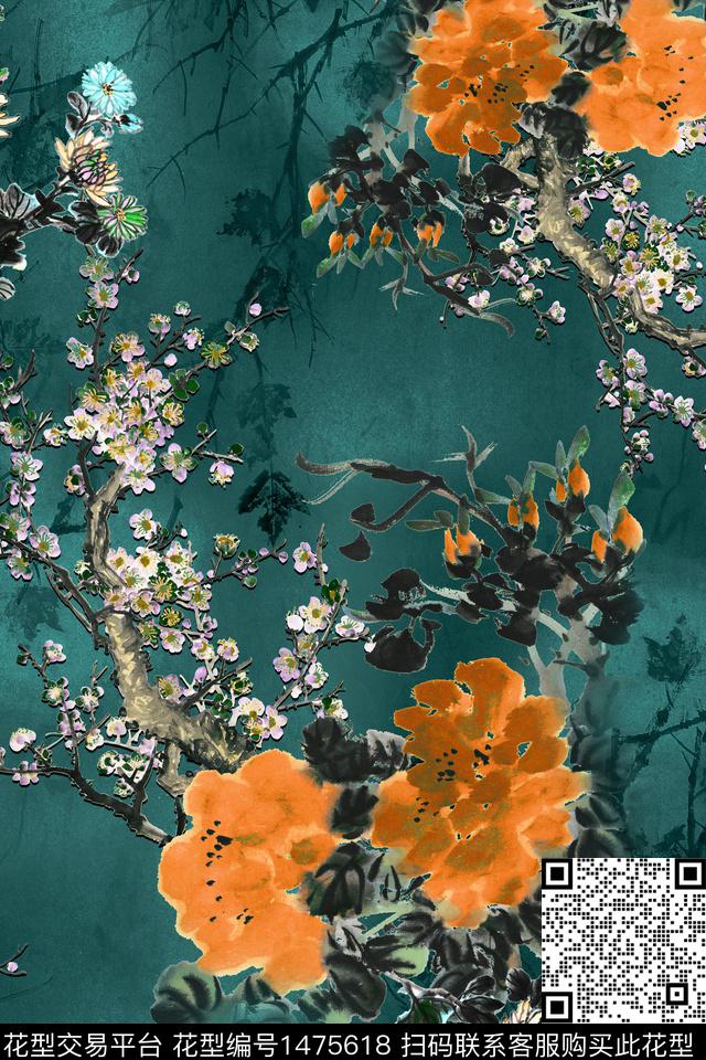 花卉中国风真丝数码印花华亿平台下载（图片编号: 1475618） - 瓦栏（Walan）