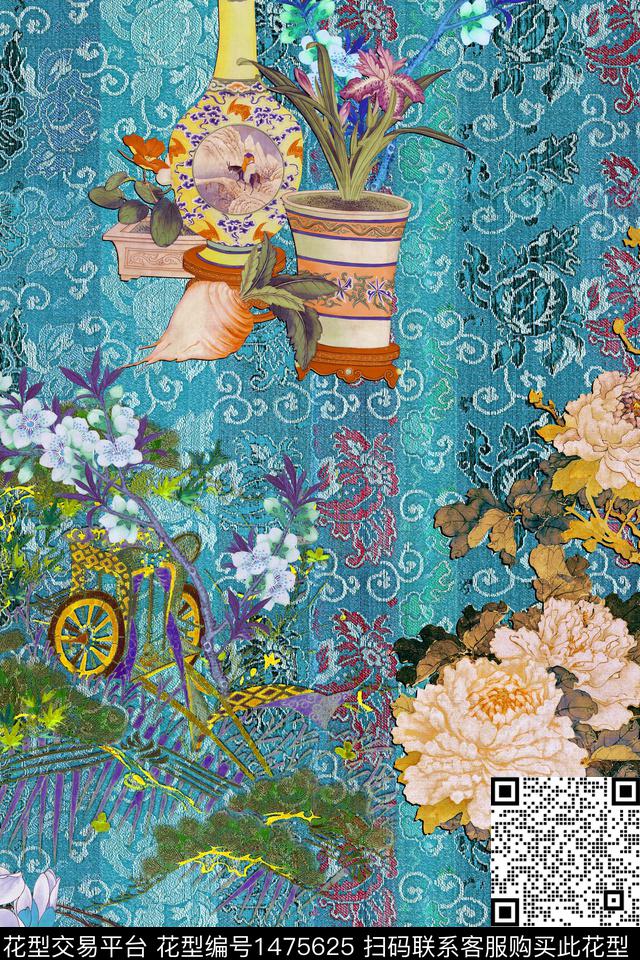 花卉中国风真丝数码印花华亿平台下载（图片编号: 1475625） - 瓦栏（Walan）