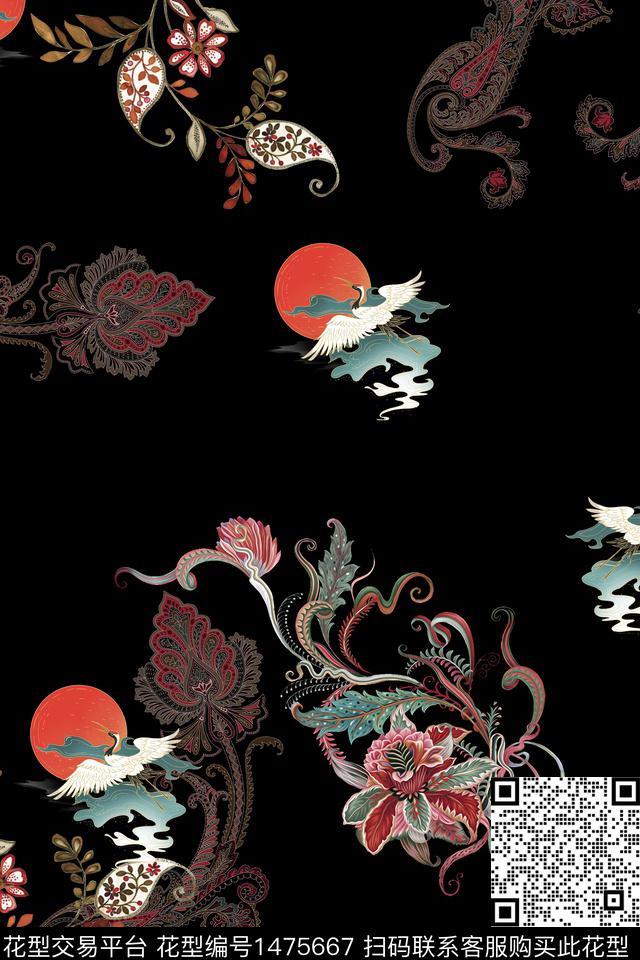 黑底花卉花卉香云纱数码印花华亿平台下载（图片编号: 1475667） - 瓦栏（Walan）