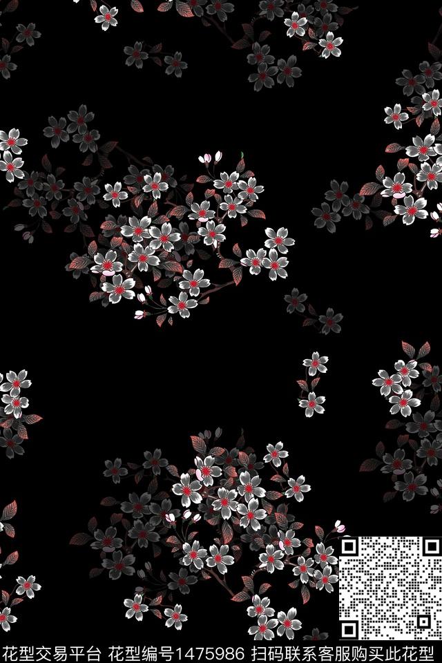 黑底花卉花卉香云纱数码印花华亿平台下载（图片编号: 1475986） - 瓦栏（Walan）