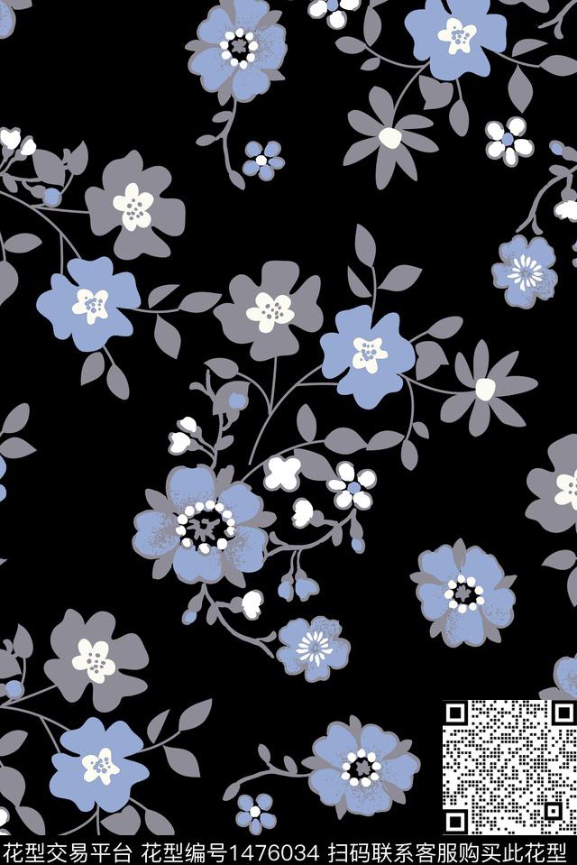 黑底花卉小碎花矢量传统印花华亿平台下载（图片编号: 1476034） - 瓦栏（Walan）