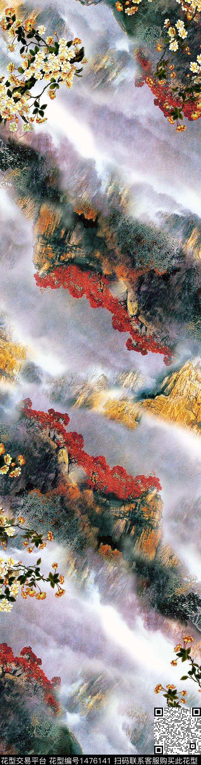 传统华亿平台中长巾山水风景数码印花华亿平台下载（图片编号: 1476141） - 瓦栏（Walan）