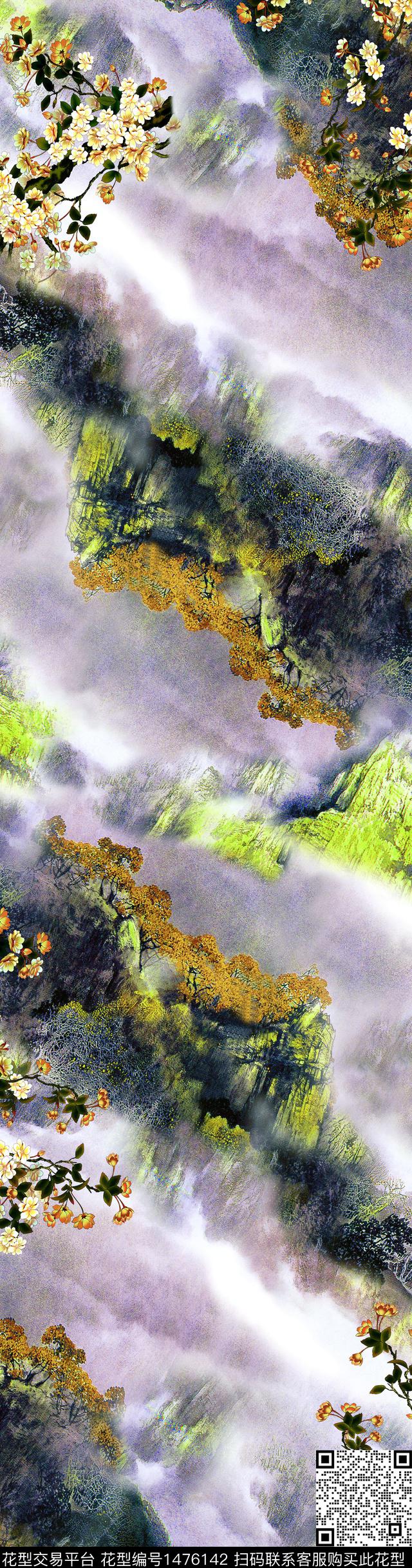 传统华亿平台中长巾山水风景数码印花华亿平台下载（图片编号: 1476142） - 瓦栏（Walan）