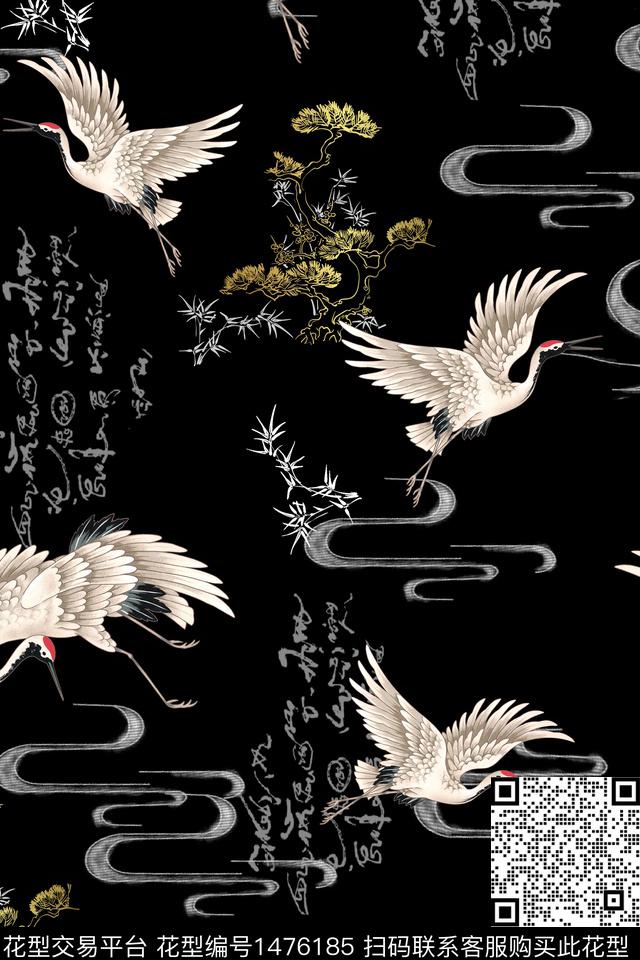 仙鹤中国风真丝数码印花华亿平台下载（图片编号: 1476185） - 瓦栏（Walan）