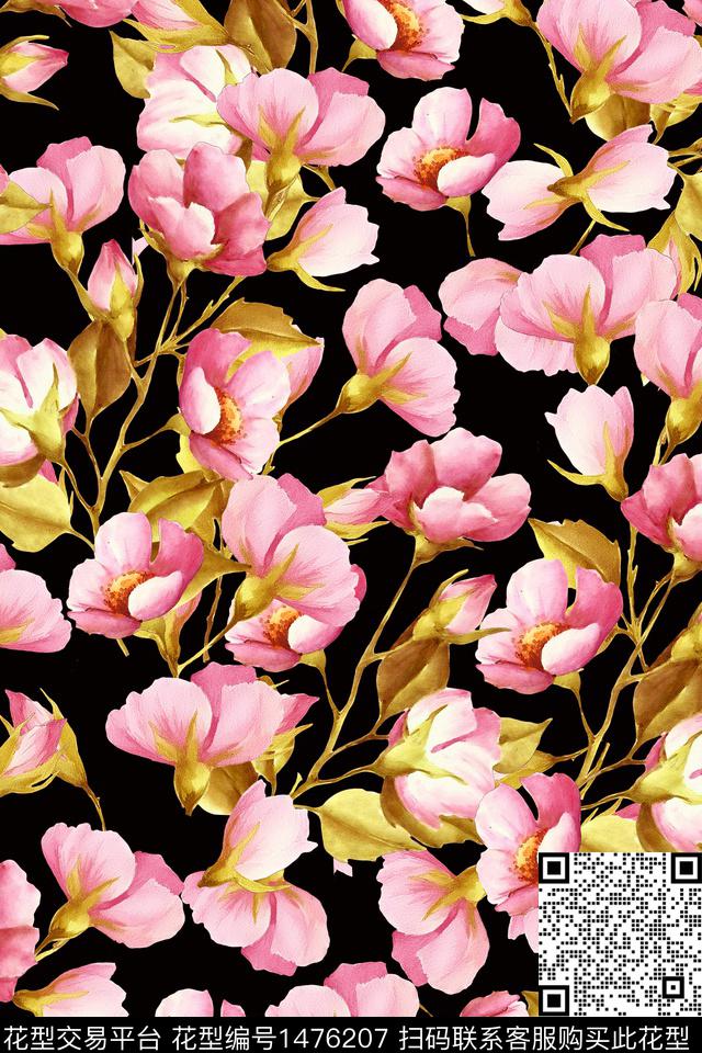 黑底花卉春夏华亿平台小碎花数码印花华亿平台下载（图片编号: 1476207） - 瓦栏（Walan）