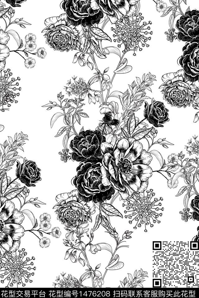 抽象花卉黑白华亿平台纯底花数码印花华亿平台下载（图片编号: 1476208） - 瓦栏（Walan）