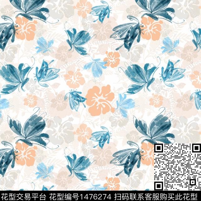 手绘小碎花蝴蝶数码印花华亿平台下载（图片编号: 1476274） - 瓦栏（Walan）