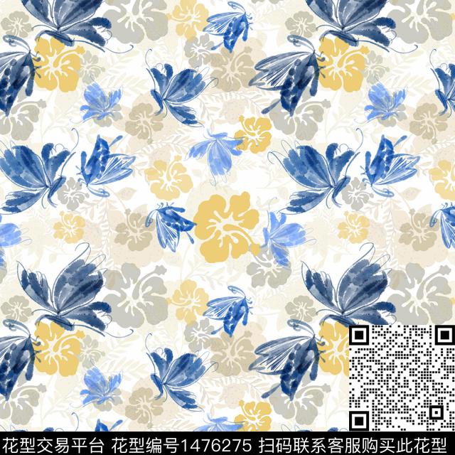 手绘小碎花蝴蝶数码印花华亿平台下载（图片编号: 1476275） - 瓦栏（Walan）