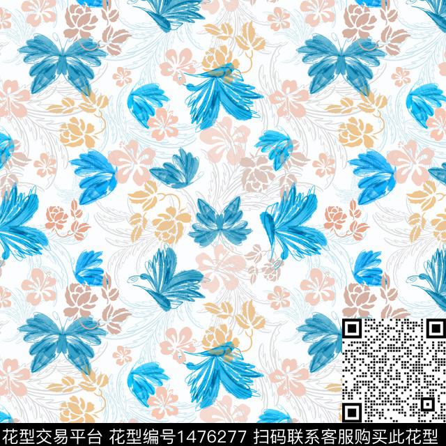 手绘小碎花蝴蝶数码印花华亿平台下载（图片编号: 1476277） - 瓦栏（Walan）