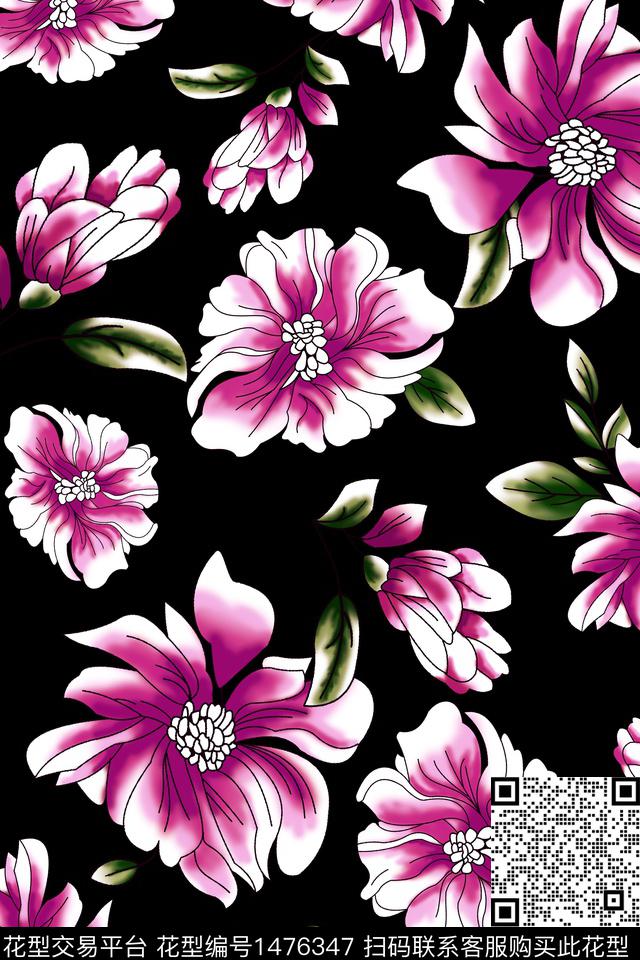 黑底花卉清爽数码印花华亿平台下载（图片编号: 1476347） - 瓦栏（Walan）