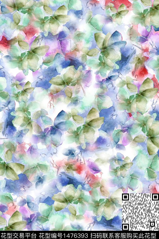 水彩绿植树叶雪纺数码印花华亿平台下载（图片编号: 1476393） - 瓦栏（Walan）