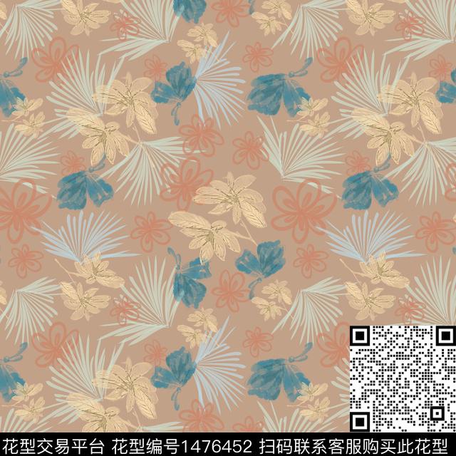 绿植树叶花卉手绘数码印花华亿平台下载（图片编号: 1476452） - 瓦栏（Walan）